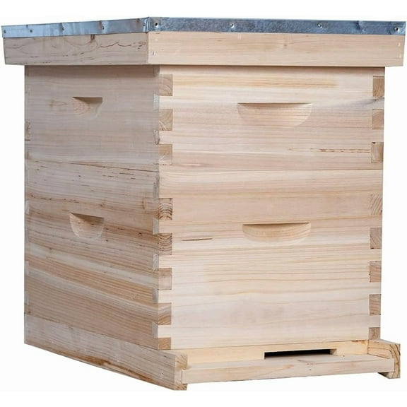 10 Frame Bee Hive, Compelte Bee Hive Starter Kit Includes 1 Deep Brood Honey Bee Hives Box, 1 Medium Super Bee Box with Beehive Frames and Foundation Sheets