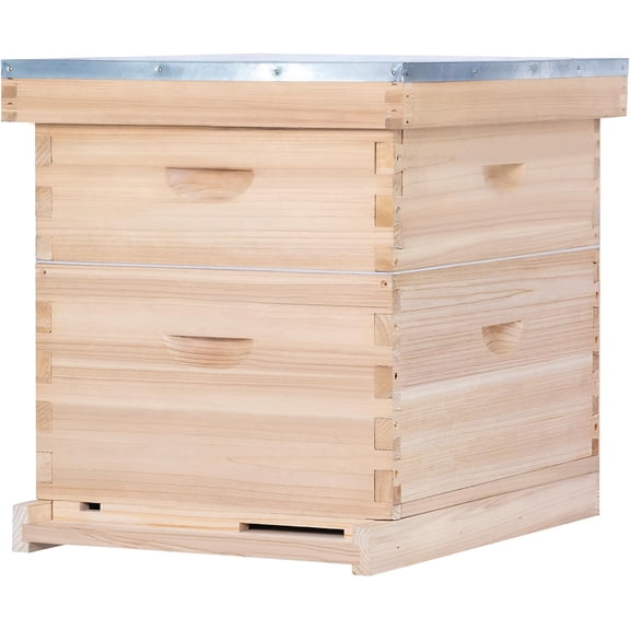10 Frame Bee Hive, Compelte Bee Hive Starter Kit Includes 1 Deep Brood Honey Bee Hives Box, 1 Medium Super Bee Box with Beehive Frames and Foundation Sheets