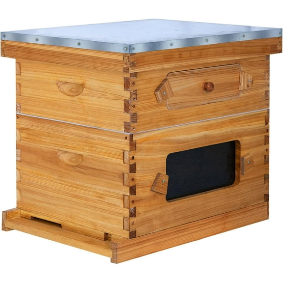 10 Frame Bee Hive Starter Kit with Windows, Beeswax Coated Langstroth Bee Hives Boxes for Beekeepers with Beehive Frames and Waxed Foundations (1 Deep Brood Bee Box & 1 Medium Super Box)