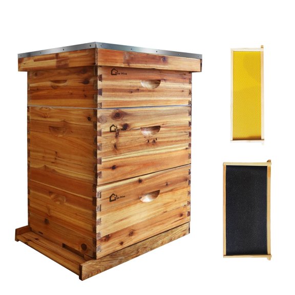 10-Frame Beehive Kit, Complete Beeswax-Coated Hive with Foundation, Includes 2 Deep & 1 Medium Box, Ideal for Beginner and Professional Beekeepers, Full Beekeeping Setup for Honey Productio