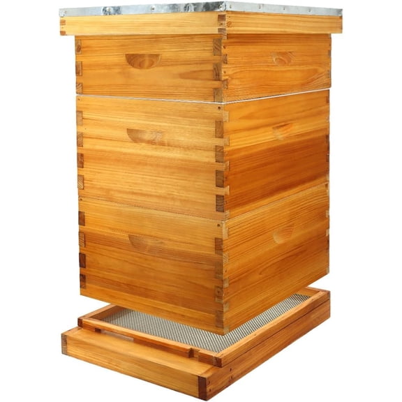 10 Frame Beehive kit with Screened Bottom Board Dipped in Heavy Beeswax Beehive Boxes Starter Kit Includes Beehive Frames and Waxed Foundations (2 Deep Boxes & 1 Medium Box)