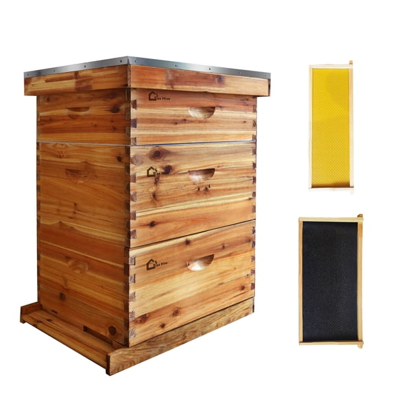 10-Frame Complete Beehive Kit 100% Beeswax Coated Cedar Hive with 2 Deep & 1 Medium Box, Frames & Foundations for Beekeepers