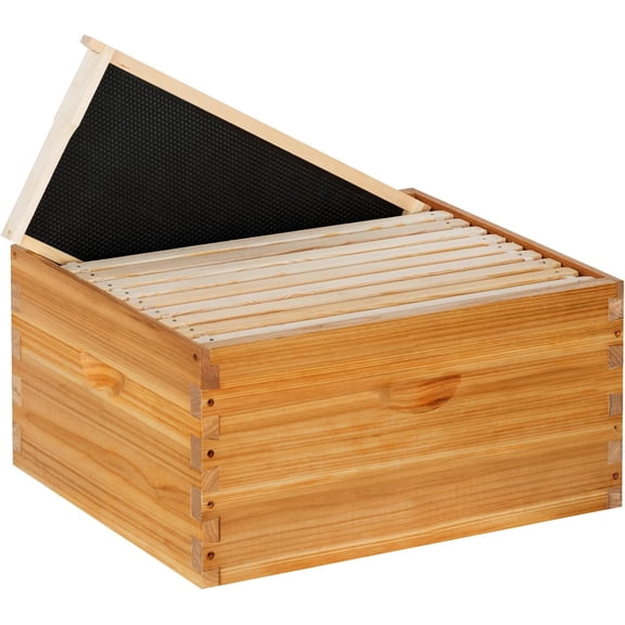 10 Frame Deep Brood Bee Hive Box Langstroth Honey Bee Hive Bee Box Dipped in 100% Beeswax Includes Beehive Frames and Waxed Foundation Sheets (Unassembled)