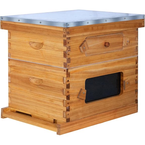 10 Frame Hive Starter Kit with Windows, Beeswax Coated Langstroth Hives Boxes for Beekeepers with Beehive Frames and Waxed Foundations (1 Deep Brood Box & 1 Medium Super Box)