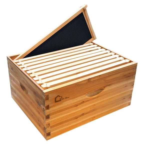 10 Frame Langstoth Deep Brood Beehive Box, Bee Box Dipped In 100% Beeswax, Wax Coated Bee Hive with Frames and Foundations Sheets for Beekeeping Supplement