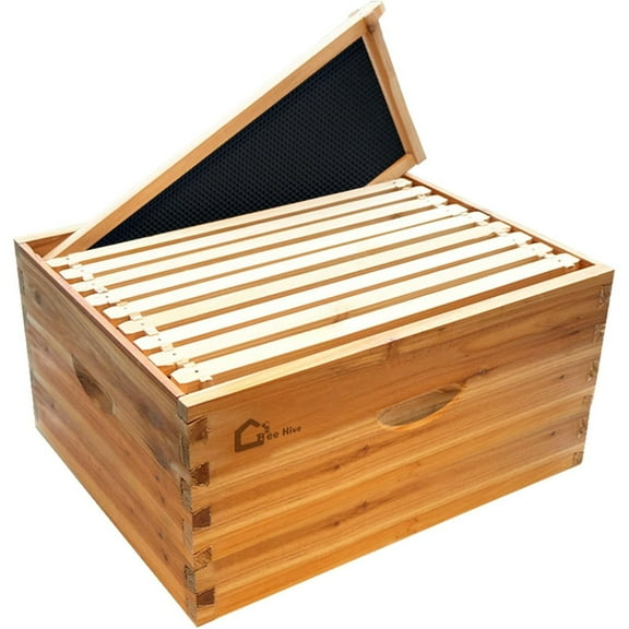 10 Frame Langstoth Deep Brood Beehive Box, Bee Box Dipped In 100% Beeswax, Wax Coated Bee Hive with Frames and Foundations Sheets for Beekeeping Supplement