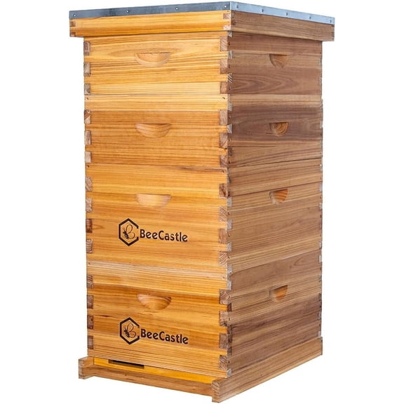 10 Frame Langstroth Bee Hive, 100% Beeswax Coated Beehive with 2 Deep Boxes & 2 Medium Boxes, Frames and Waxed Foundations Included