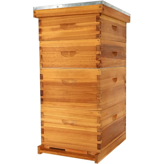 10 Frame Langstroth Beehive Kit Dipped in 100% Beeswax Bee Hives with 2 Deep Bee Box and 2 Medium Super Bee Hive Box with Frame and Foundation(Unassembled)
