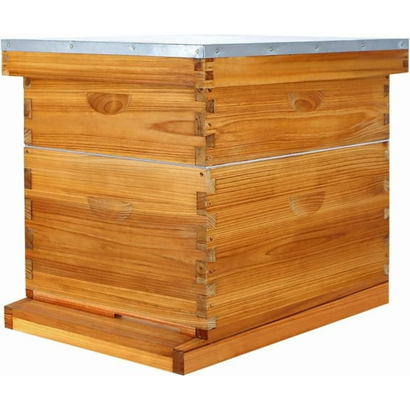 10 Frame Langstroth Beehive Kit Dipped in Heavy Beeswax Bee Hives with 1 Deep Bee Box and 1 Medium Bee Hive Box with Frame and Foundation(Unassembled)