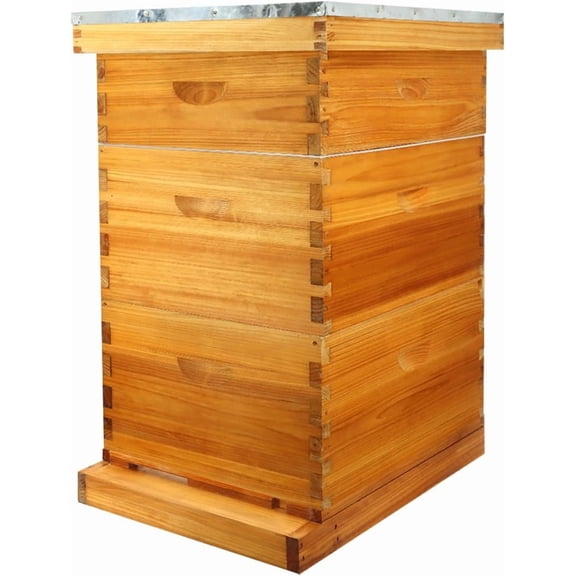 10 Frame Langstroth Beehive Kit Dipped in 100% Beeswax Bee Hives with Deep Bee Box and Medium Bee Hive Box with Frame and Foundation