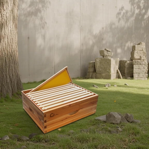 10 Frame Medium Super Bee Hive Box, Langstoth Beehive Honey Super Box, Bee Box Dipped in 100% Beeswax Includes Wooden Beehive Frames & Waxed Foundations for Beginner Beekeeper