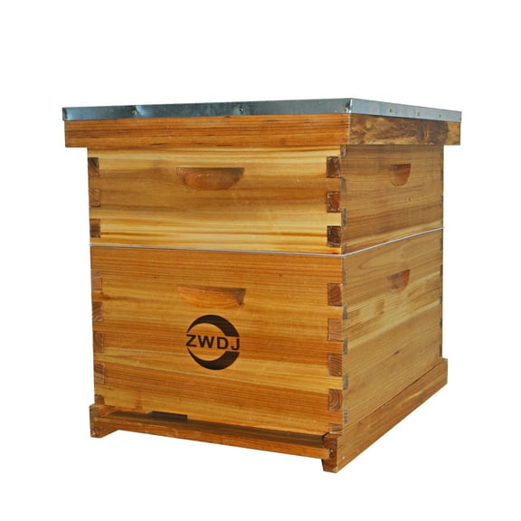 10 Frames Beehive, Complete Beehive Kit Includes 1 Deep Boxes, 1 Medium Box, Frames andWaxed Foundations, with Metal Top Cover, Queen Excluder, for Yard, Field, Bee Farm (2 Layer)