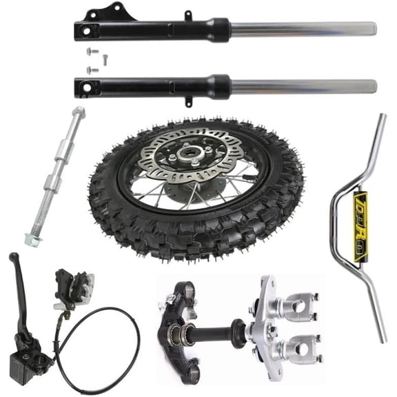 10" Front Forks Suspension Assembly Kit, 2.50-10 Tire Rim Wheel, Front Forks, 7/8" Handlebar, Triple Tree & Disc Brake Assembly for CRF50 XR50 50cc 70cc TTR 110cc Dirt Pit Bike