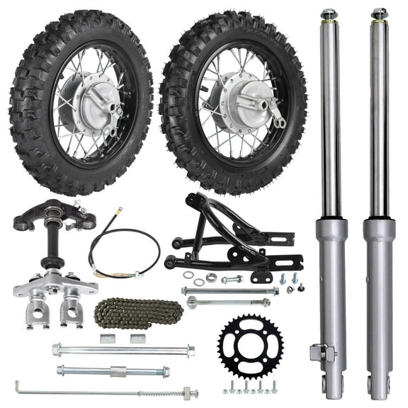 10" Front Wheel 2.50-10 Dirt Bike Tire Rim Drum Brake Kit + Front Forks Triple Tree + Rear Swing Arm For Mini Dirt Pit Bike Razor CRF50 XR50 TTR50 PW50 Coolster SSR 70cc 90cc 110cc