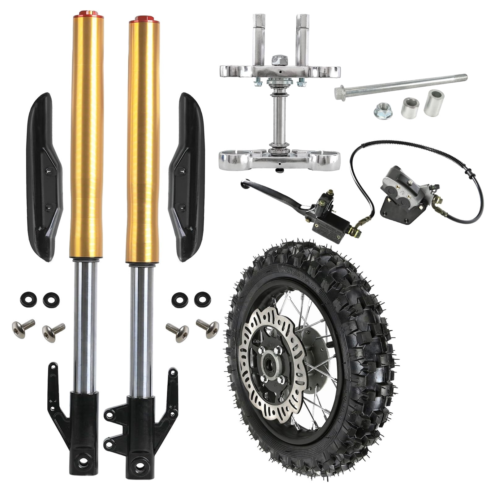 Front Wheel & Forks Combo For Pit Bikes - 2.50-10 Tire, 630mm Forks, Disc Brake - Fits CRF50, XR50, Taotao, SSR 50-125cc Dirt Bikes