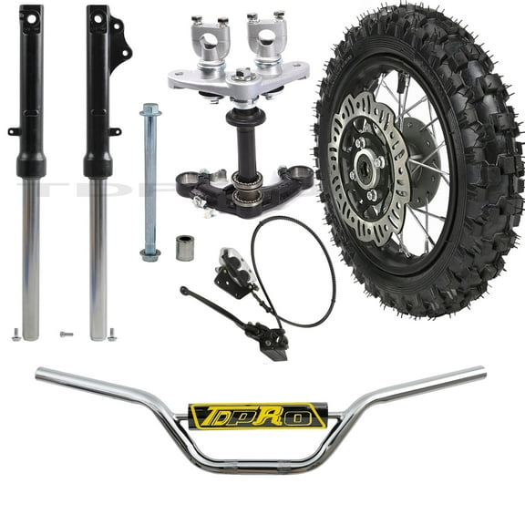 10" Front Wheel 2.50-10 Tire Rim w/Front Forks Shock Triple Clamps + 7/8" Handlebars for Disc Brake Mini Dirt Pit Bike Razor CRF50 XR50 PW50 TTR50 Apollo SSR 70cc 90cc 110cc 125cc