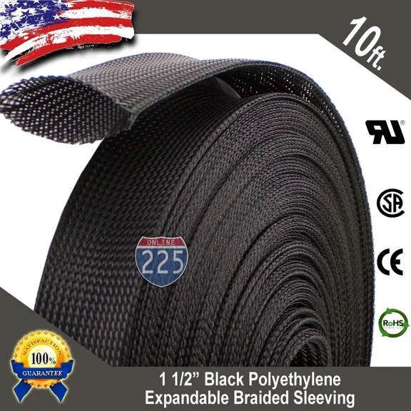 10 Ft. 1 1/2" Black Expandable Wire Cable Sleeving Sheathing Braided Loom Tubing