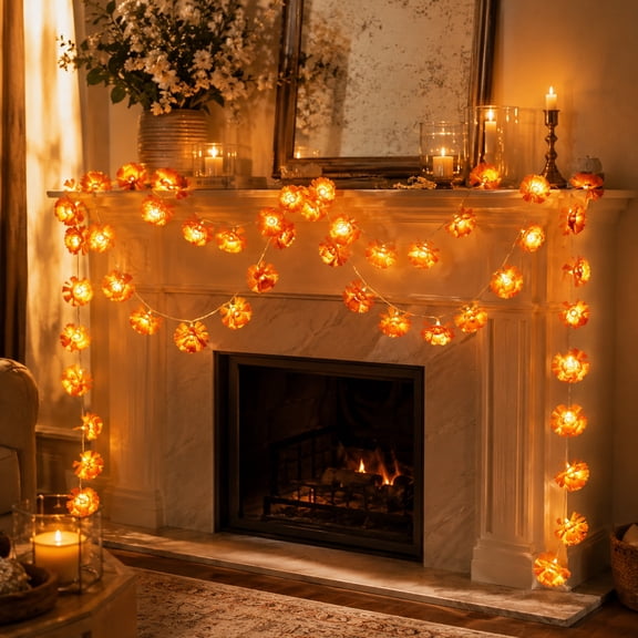10 Ft 20 LED Orange Marigold Garland with LED Light Marigold Garland String Light Battery Operated Diwali Decorations Artificial Marigold Flower for Diwali Indian Wedding Day of Death