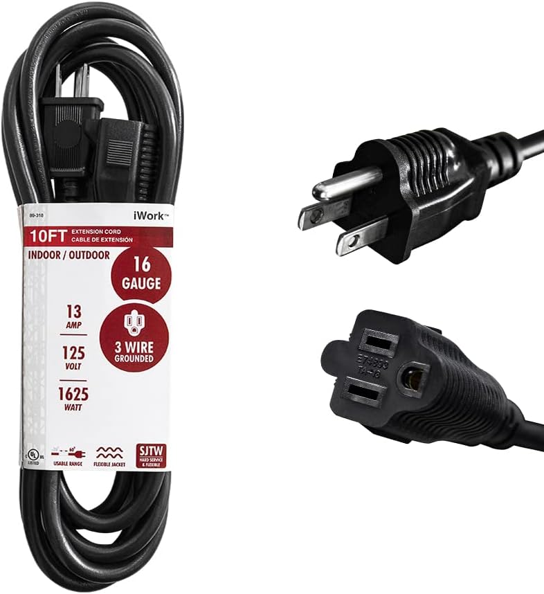 10 Ft Black Extension Cord 3 Prong, WeatherResistant 16/3 Sjtw, 1625