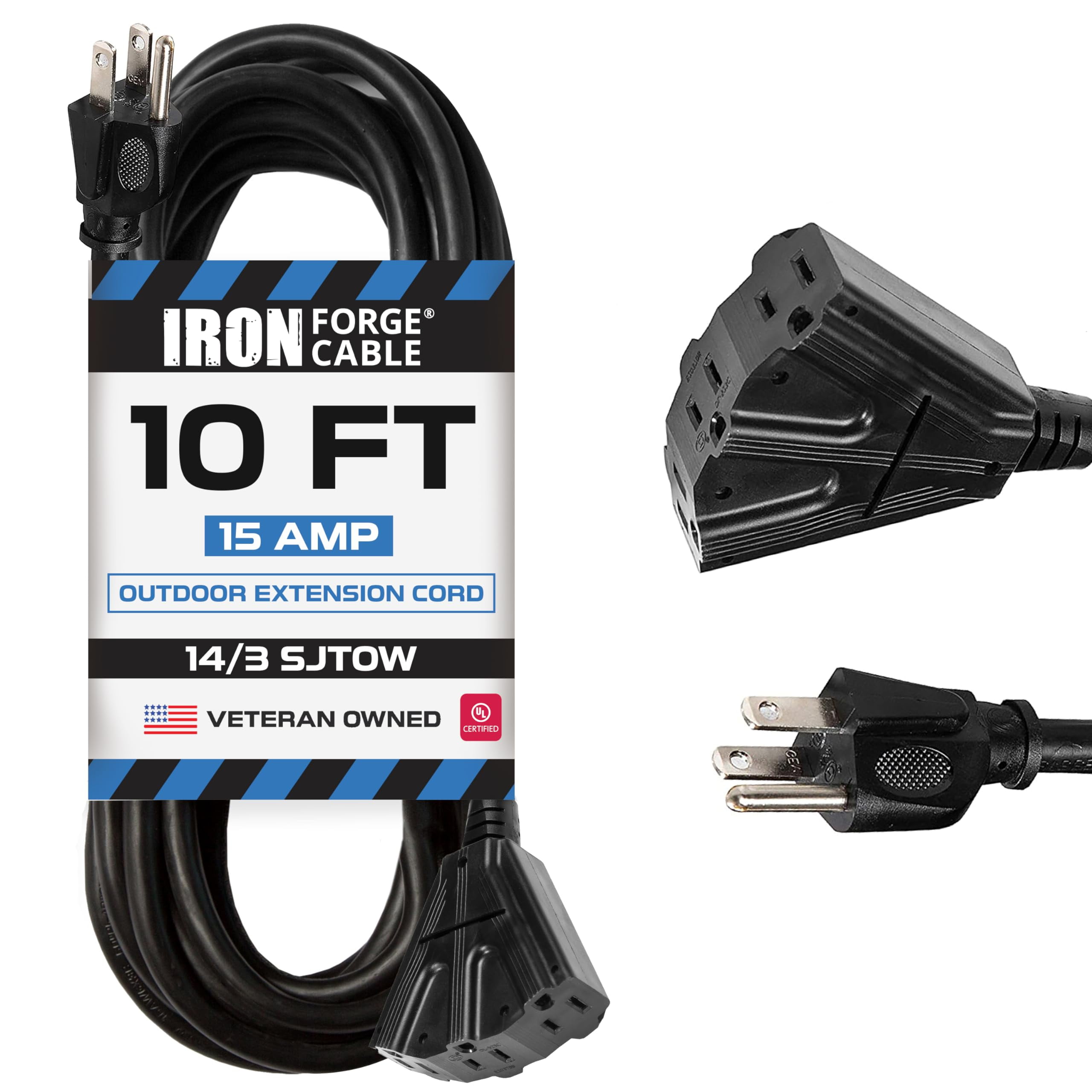 Iron Forge Cable 14 Gauge Outdoor Extension Cord 10 Ft with 3 Power Outlets, SJTOW 14/3 Heavy Duty Black 3 Prong, Oil Resistant & Flame Retardant