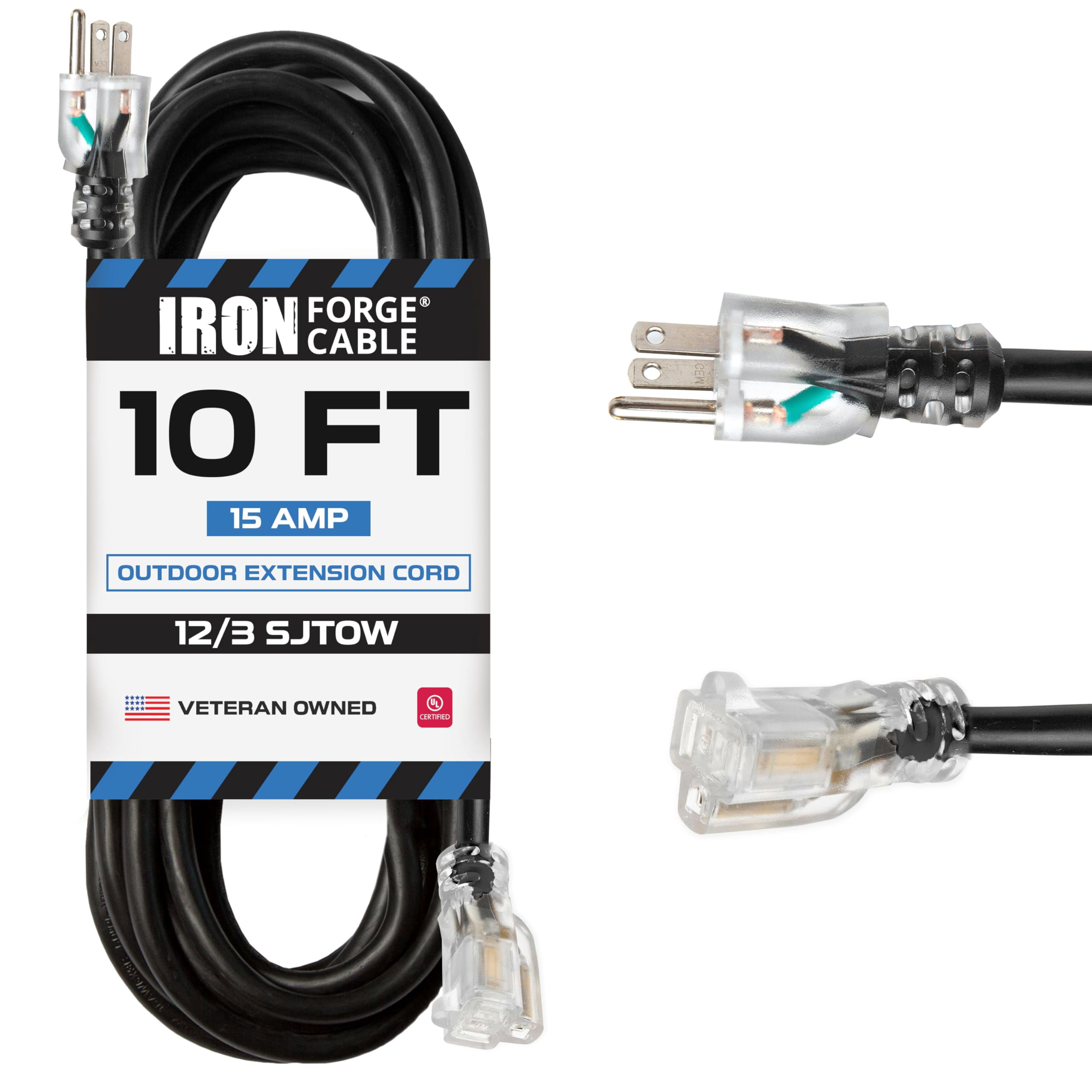 Iron Forge Cable 12 Gauge 10 ft Outdoor Extension Cord, SJTOW 12/3 10 Foot Heavy Duty Extension Cord 3 Prong, Oil Resistant & Flame Retardant - Lighted End