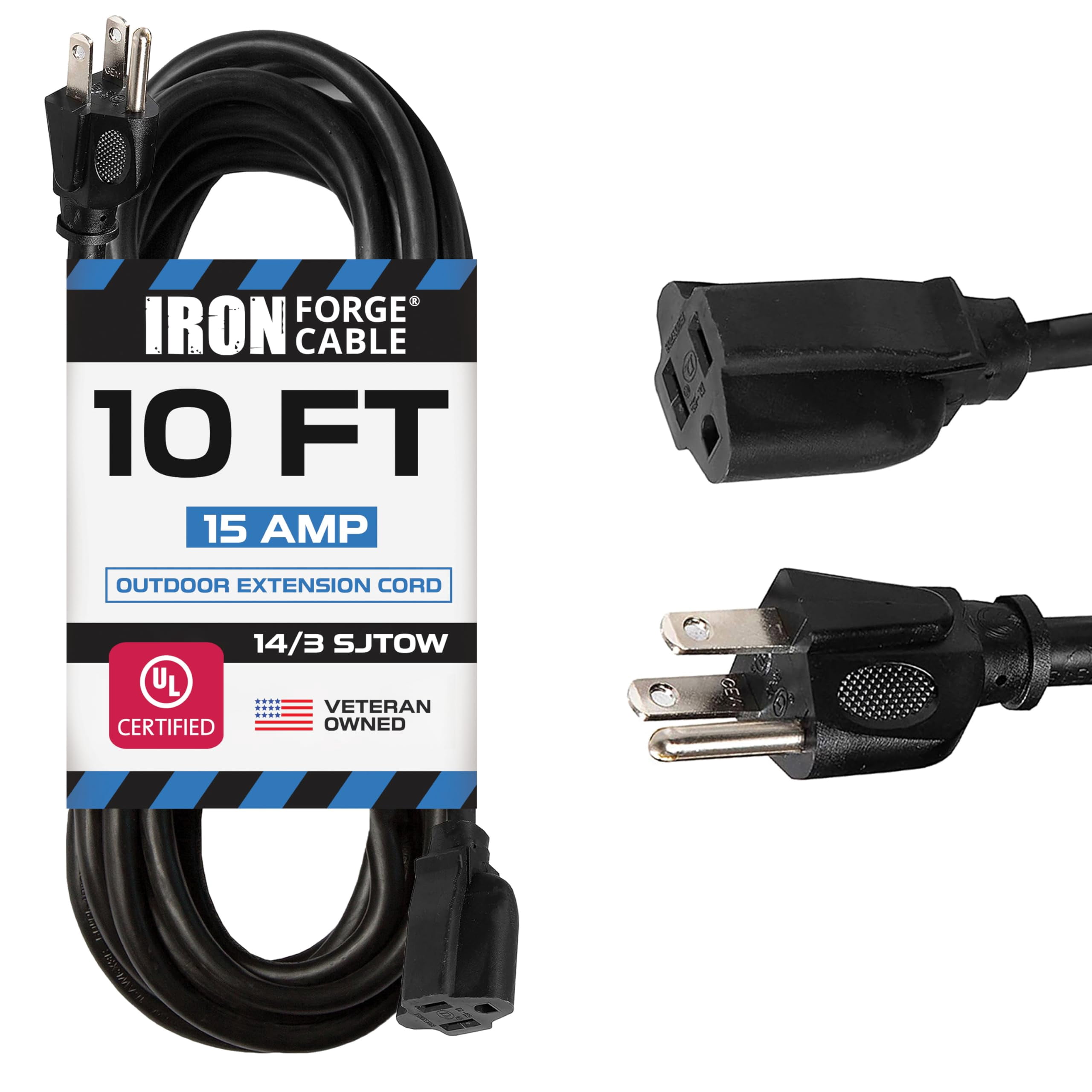 Iron Forge Cable 14 Gauge Outdoor Extension Cord 10 Ft, SJTOW 14/3 Heavy Duty Black Extension Cord 3 Prong, Oil Resistant & Flame Retardant