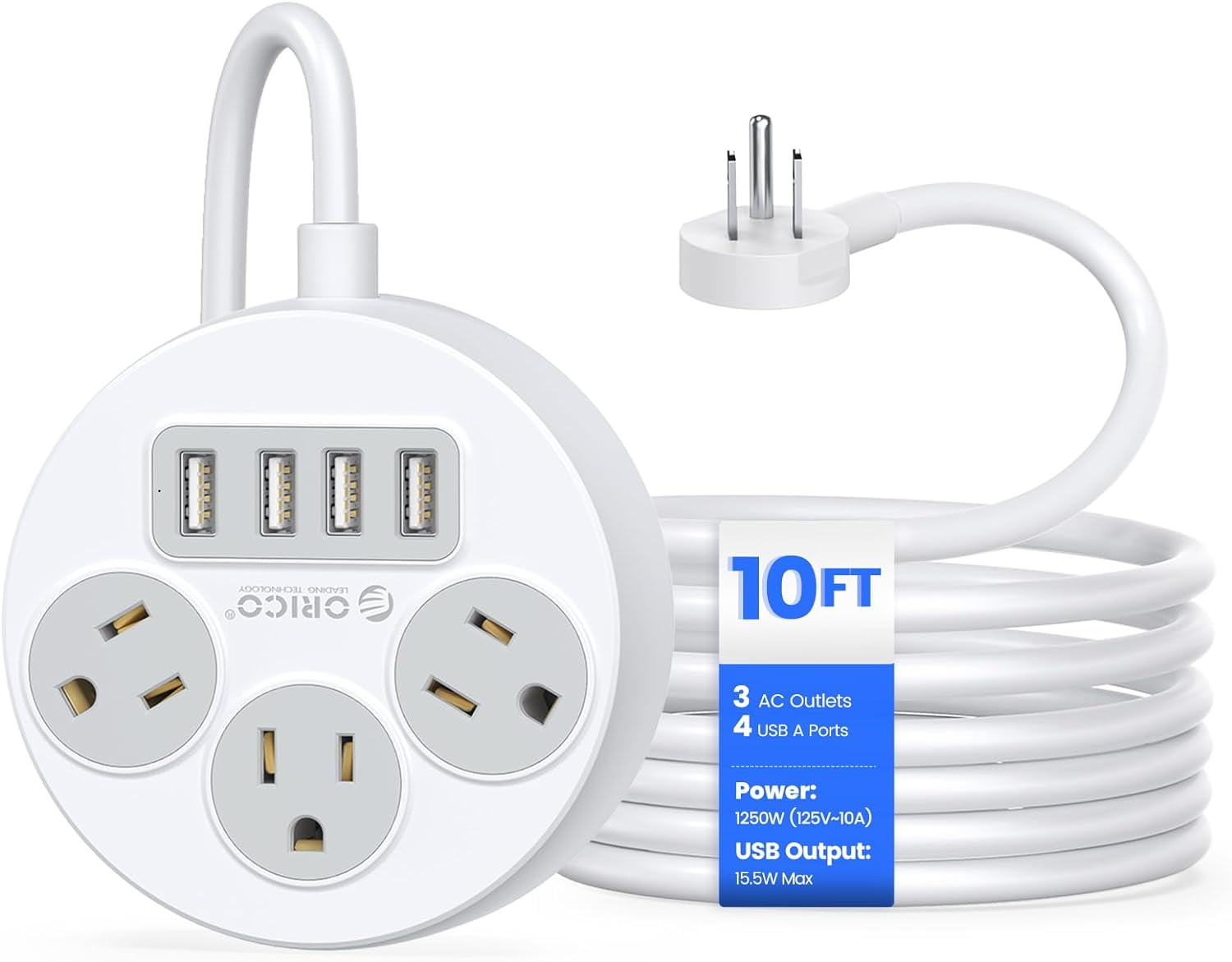 10 Ft Extension Cord with Multiple Outlets Flat Plug Power Strip with 3 Outlets 4 USB Ports Indoor Charging