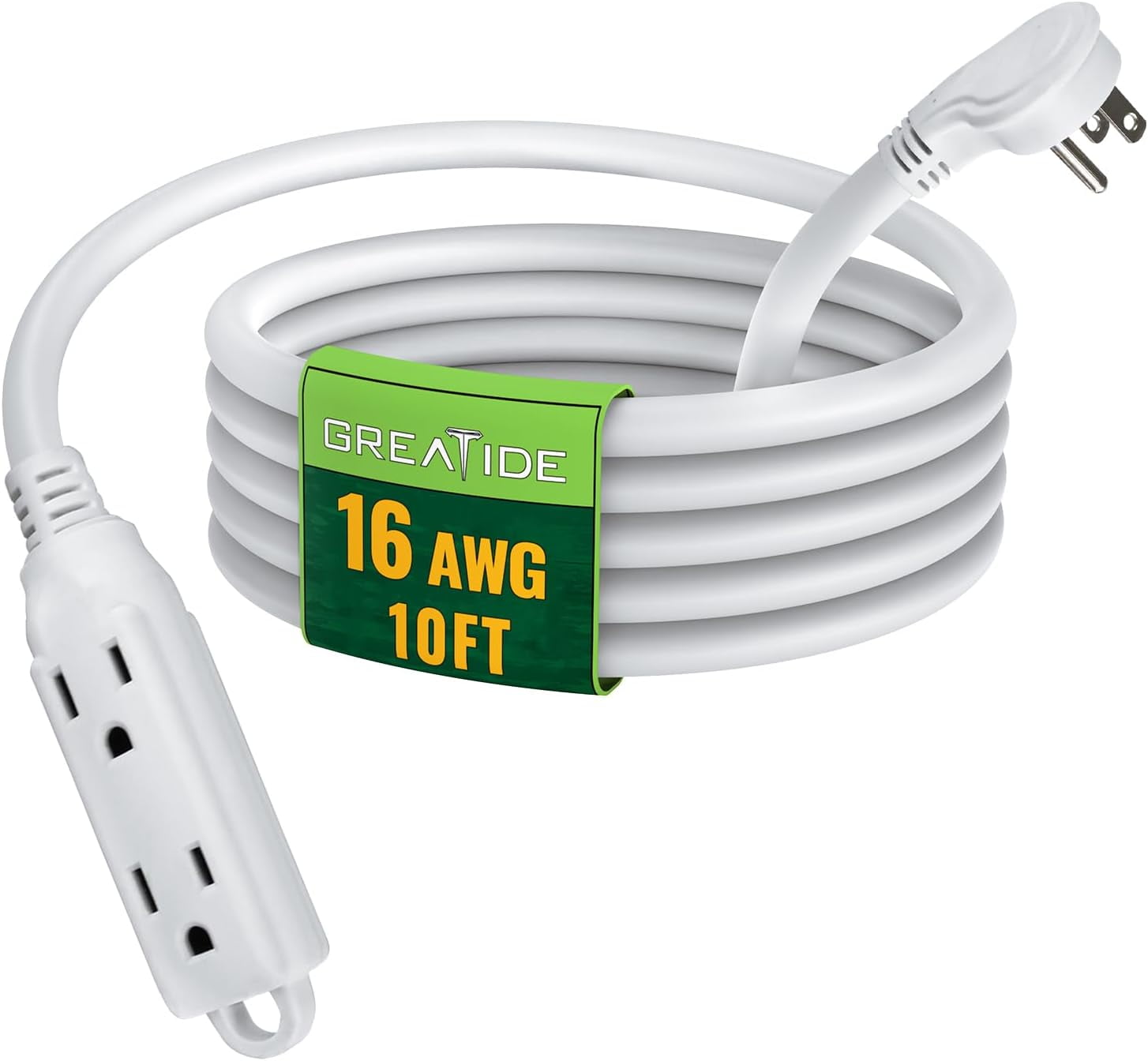 10 Ft Flat Plug Extension Cord，16/3 SJT Indoor Low Profile 3 Outlets Extension Cable with 45° Angled Flat Plug, Multiple Outlets Extension Cord, White