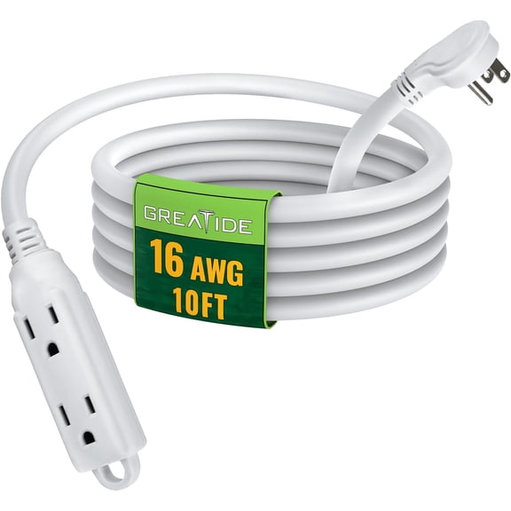 10 Ft Flat Plug Extension Cord，16/3 SJT Indoor Low Profile 3 Outlets Extension Cable with 45° Angled Flat Plug, Multiple Outlets Extension Cord, White