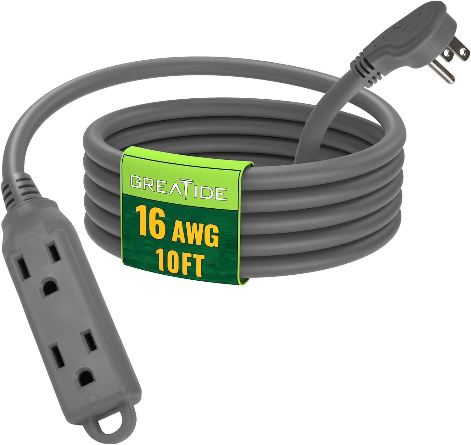 10 Ft Flat Plug Extension Cord，16/3 SJT Indoor Low Profile 3 Outlets Extension Cable with 45° Angled Flat Plug, Multiple Outlets Extension Cord, Grey