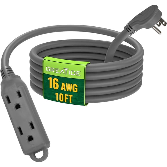 10 Ft Flat Plug Extension Cord,16/3 SJT Indoor Low Profile 3 Outlets Extension Cable with 45° Angled Flat Plug, Multiple Outlets Extension Cord, Grey
