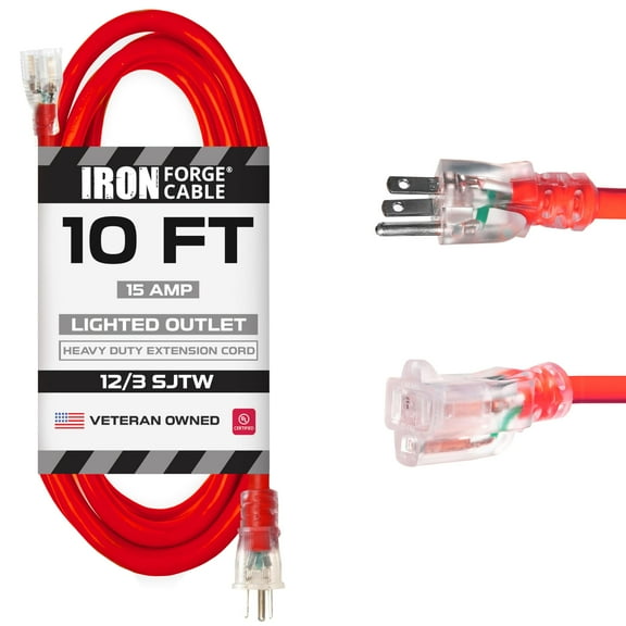Iron Forge Cable 10 ft Lighted Outdoor Extension Cord - 12/3 SJTW Heavy Duty Red Extension Cable with 3 Prong 15 AMP Grounded Plug for Safety