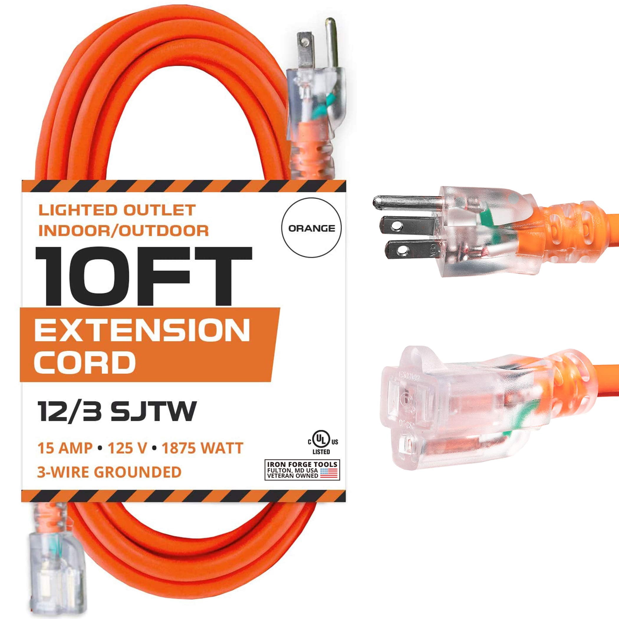 Iron Forge Cable 12 Gauge Extension Cord 10 ft, 12/3 SJTW 10 Foot Heavy Duty Extension Cord Outdoor 3 Prong, Weatherproof Orange Power Cable 15 Amp, Great for Major Appliances