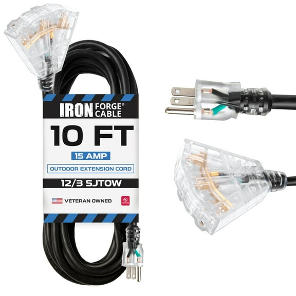 Iron Forge Cable 12 Gauge Extension Cord with Multiple Outlets - Black Heavy Duty Extension Cord 10 ft - 12/3 SJTOW, 3 Prong Lighted Outlet Cords