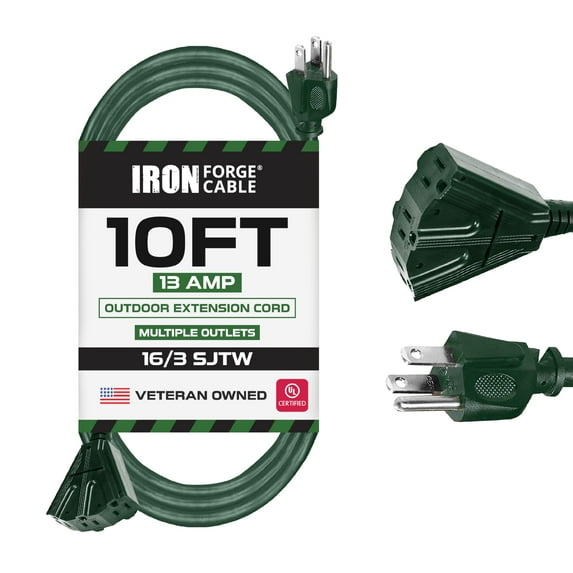 Iron Forge Cable 10ft Green Outdoor Extension Cord with 3 Outlets - 16/3 SJTW 10ft Extension Cord 3 Prong, 13 Amp All-Weather Heavy Duty Power Cable