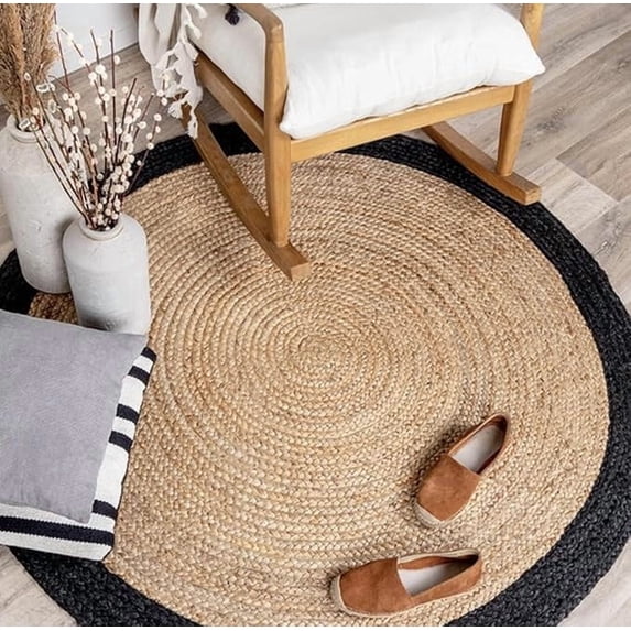 10 Ft Round Black & Natural Jute Area Rug, Hand-Woven, Farmhouse Boho Style, Durable & Pet-Friendly Rug for Living Room, Dining Room, and Bedroom