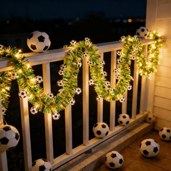 10 Ft Soccer Theme Tinsel Garland, Green Golden Garland with Soccer Cutouts, Reusable Decor for Game Day Party, Sports Bar, Soccer Birthday & Team Banquet