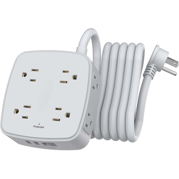10 Ft Surge Protector Power Strip - 8 Widely Outlets with 4 USB Ports, 3 Side Outlet Extender with 10 Feet Extension Cord, Flat Plug, Wall Mount, Desk USB Charging Station, ETL, Grey