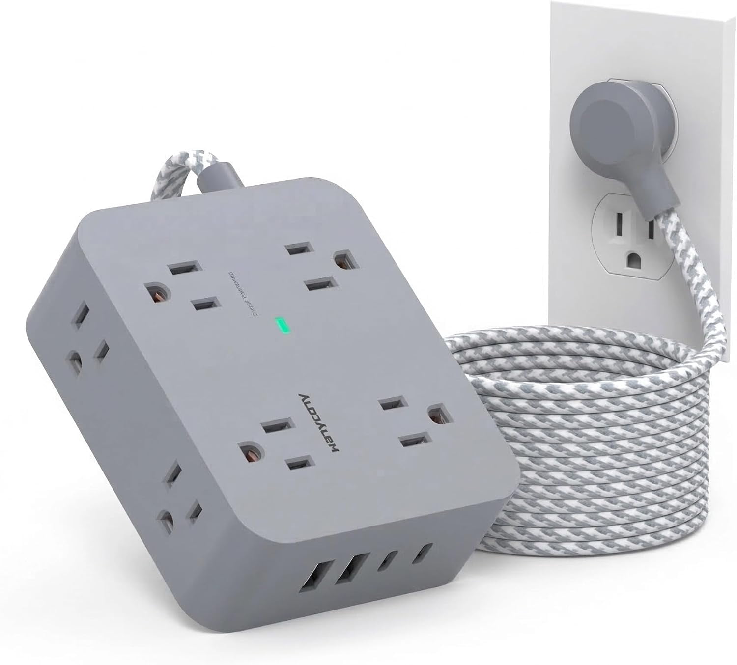 10 Ft Surge Protector Power Strip, Extension Cord with 8 AC Outlets 4 USB (2 USB C) Ports, Flat Plug, Wall Mount Desk USB Charging Station for Home