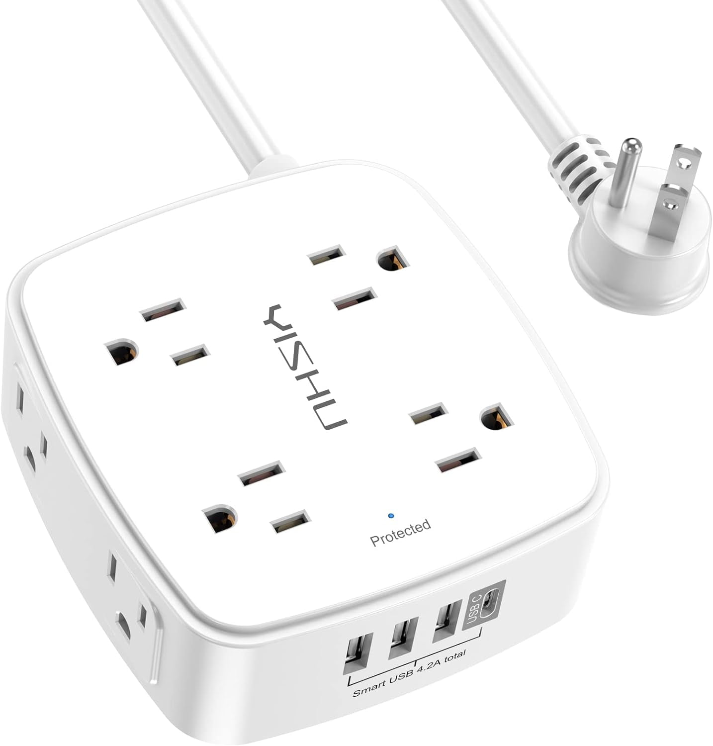 10 Ft Surge Protector Power Strip - General 3 Side Outlet Extender with 8 Widely AC Outlets and 4 USB Ports, 10 Feet Extension Cord with Flat Plug, Wall Mount Desk USB Charging Station, ETL,White