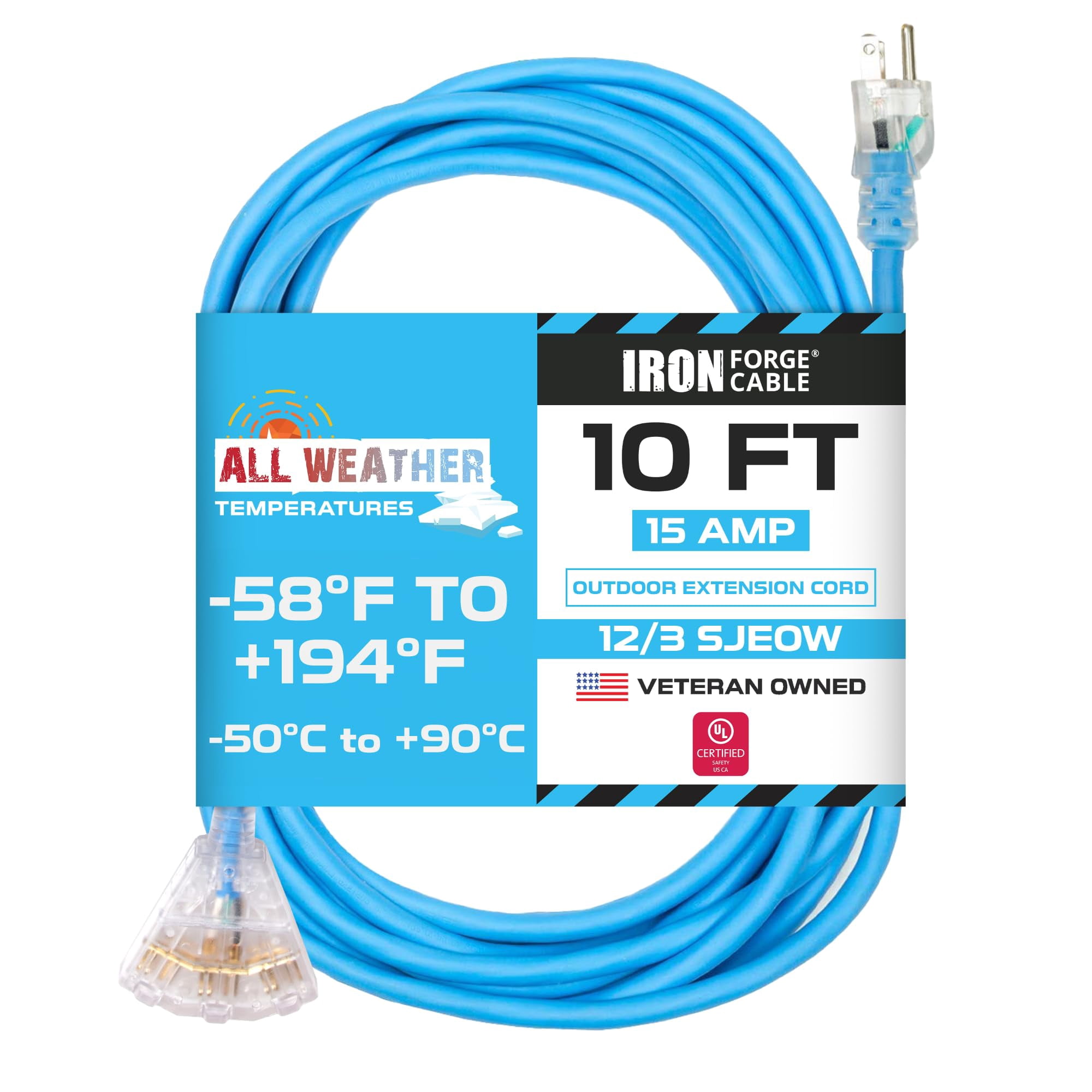 Iron Forge Cable 10 Ft 3 Outlet All-Weather Extension Cord for Outdoor & Indoor Use - 12/3 SJEOW Lighted 3 Prong Cord - for Extreme Temperatures
