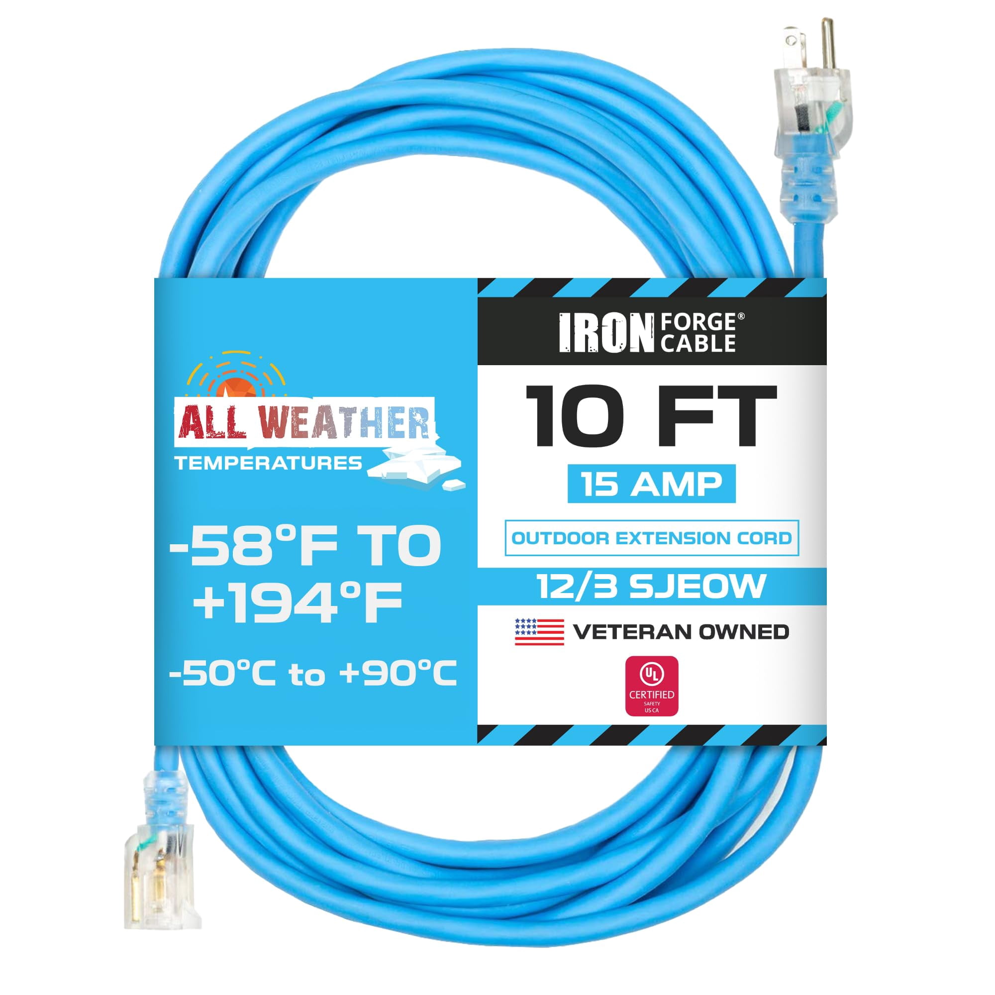 Iron Forge Cable 10 Ft All-Weather Extension Cord for Outdoor & Indoor Use - 12/3 SJEOW Lighted 3 Prong Extension Cord - for Cold & Hot Temperatures