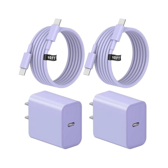 10 Ft iPhone 16 15 Charger Fast Charging USB C Charger Block Type C Chagrer Fast Charging 2-Pack for iPhone 16/16 Plus/16 Pro/16 Pro Max/iPhone 15/15 Pro Max/Samsung(Purple)
