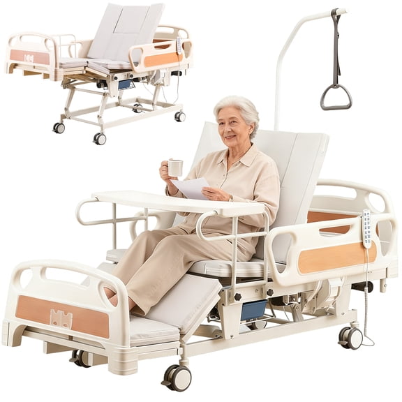 10-Function Full Electric Hospital Bed with Lateral Tilting for Home Use, 18"29" Height Adjustment, Built-in Commode, Mattress, Locking Casters, IV Pole & Dining Table, 2 Sheets, 550lbs Capacity