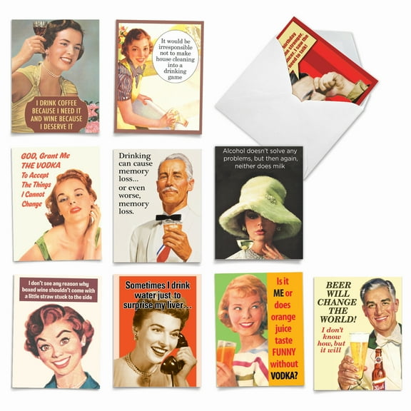 10 Funny Happy Birthday Note Cards Pack (4 x 5.12 Inch) - RETRO TOASTS
