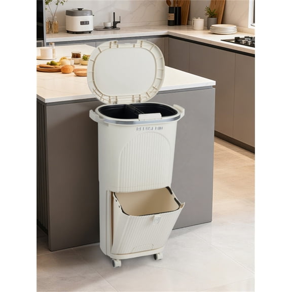 10 Gallon 2-Compartment Kitchen Trash Can – PP Material with Lid & 2 Removable Buckets (17"x11.5"x29.5")