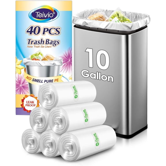 10 Gallon 40 Counts Medium Trash Bags Tall Kitchen Garbage Bags by , 9 Gallon 10 Gallon 11 Gallon,Bathroom Trash Can Bin Liners, Intended for Home,Plastic Bags for office kitchen, Clear