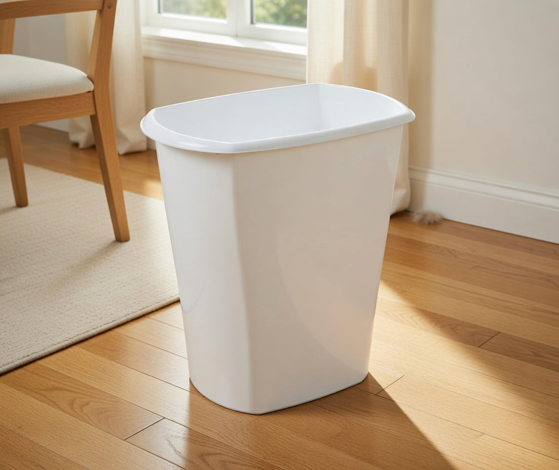10 Gallon / 40 Quart White Plastic Rectangular Trash Can, Slim Space-Saving Wastebasket for Kitchen, Bathroom, Office or Garage - No Lid