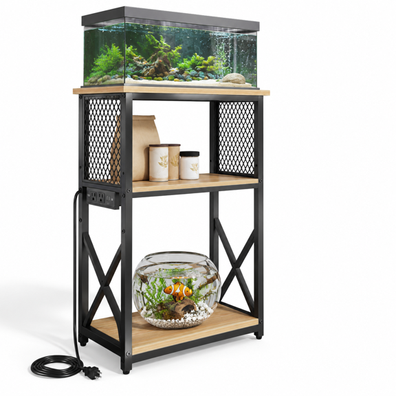 10 Gallon Aquarium Stand with Power Outlets, Adjustable Shelf, White Oak