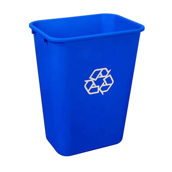 10 Gallon Blue Rectangular Commercial Office Trash Can with Recycle Logo 1-Pack Heavy-Duty Plastic